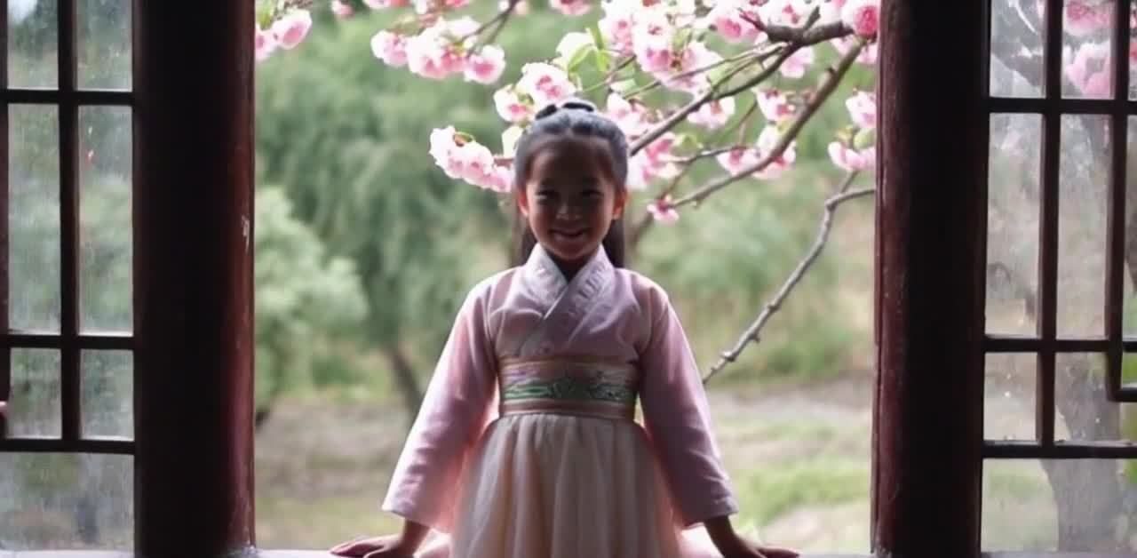粉衣女孩窗边赏桃花，笑靥如花，古风雅韵。