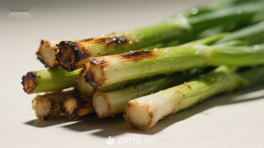 烤制葱段的特写