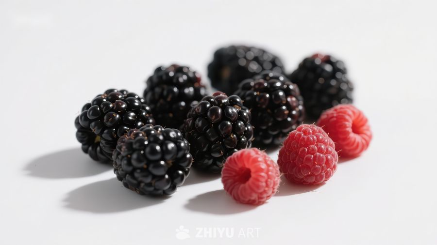 黑莓与覆盆子的静物组合