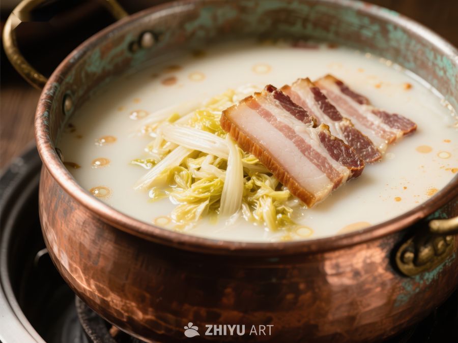 铜锅炖煮的肉片与豆芽汤 717
