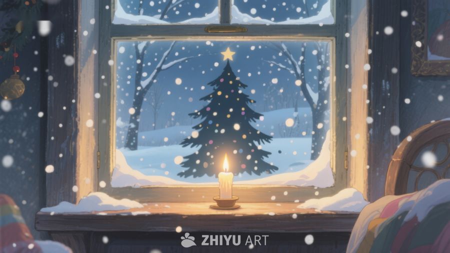 雪夜窗前的圣诞树与烛光 354