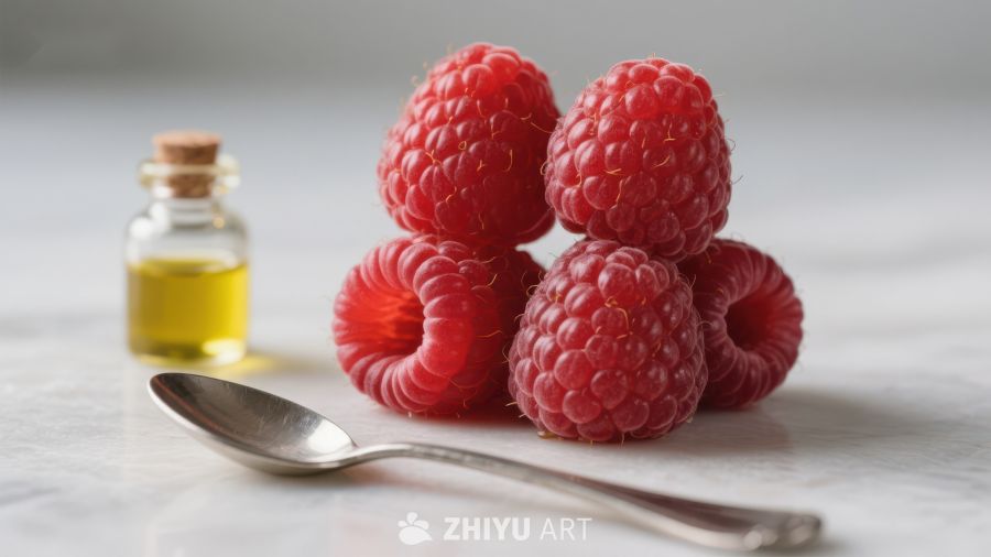新鲜覆盆子与精油瓶
