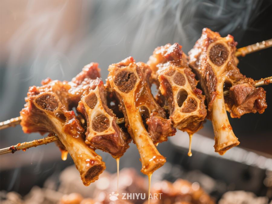 烤羊排串，热气腾腾