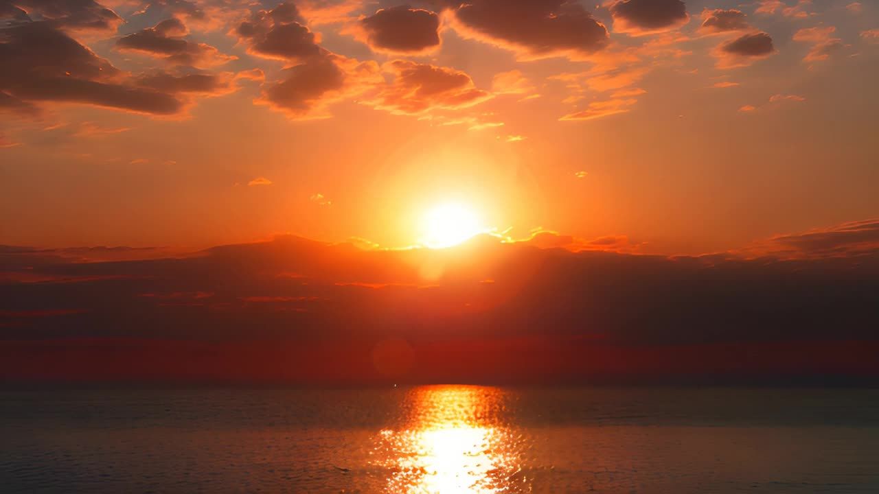 日落时分，太阳在海平面上方落下，将温暖的余晖洒向整