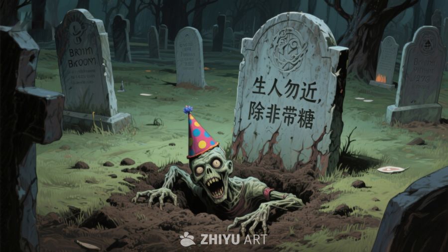 墓地中的僵尸戴着派对帽