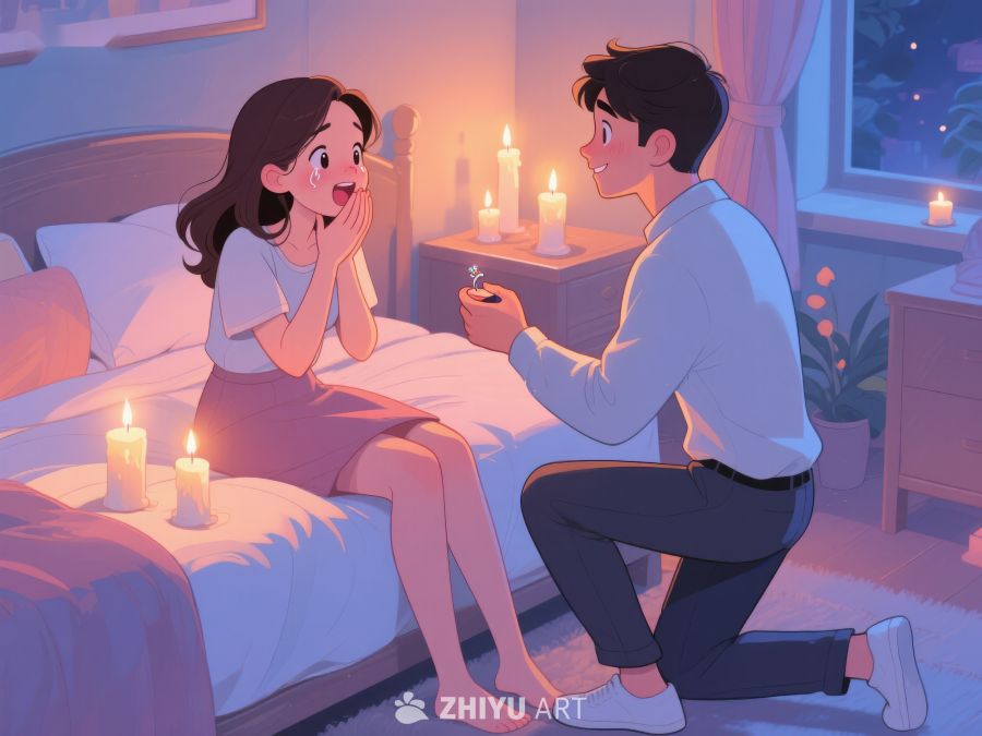 浪漫求婚场景，男子单膝跪地献戒指 397