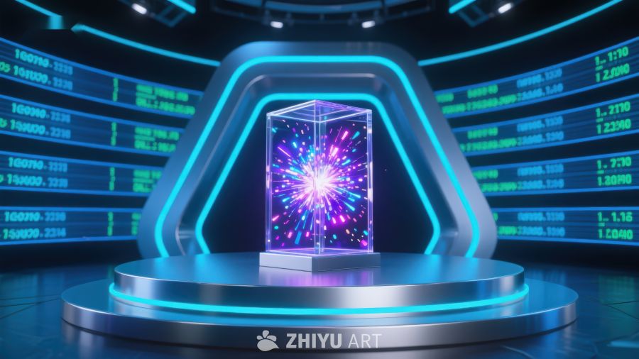 未来科技展示台上的发光立方体 722