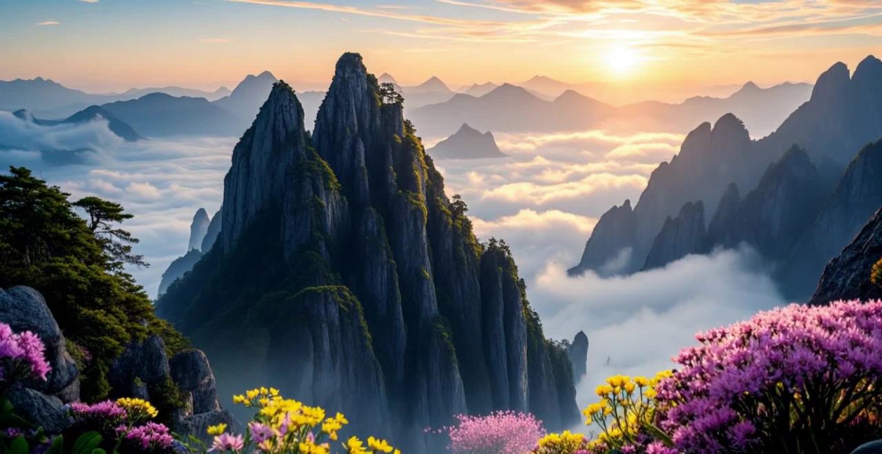 高耸的山峰在云海中若隐若现，云海随风流动。画面中，