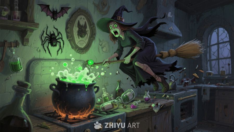 女巫在魔法厨房中施法