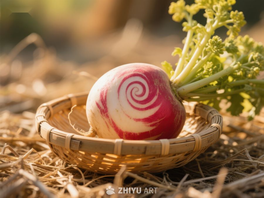 新鲜红白螺旋萝卜置于竹篮 464