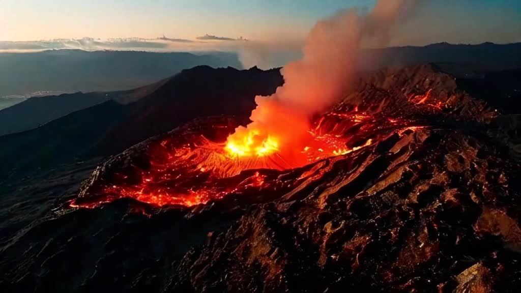 火山爆发展示了炽热的岩浆从火山口流出，伴随着大量的