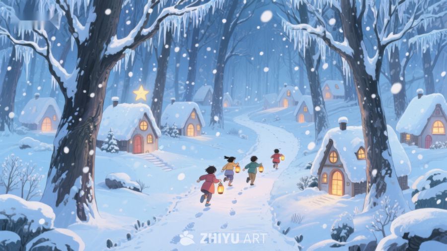 冬夜雪景中孩子们提灯漫步 132