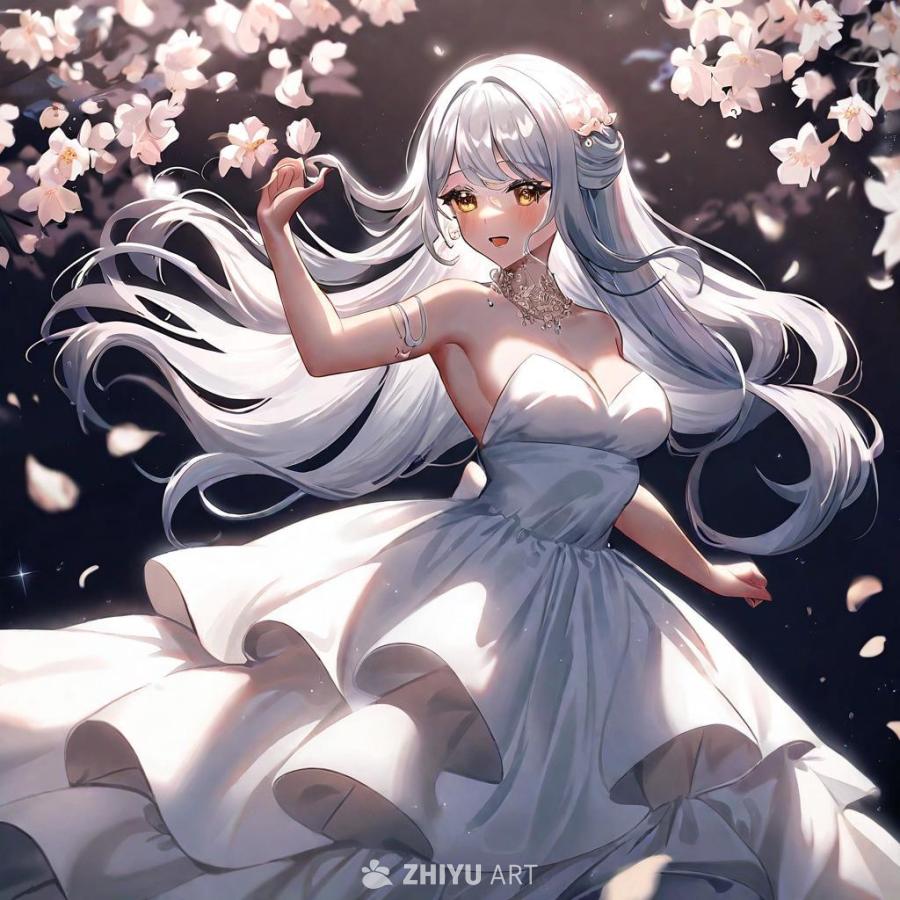 一个动漫风格的女孩，有着白色的长发和金色的眼睛，她