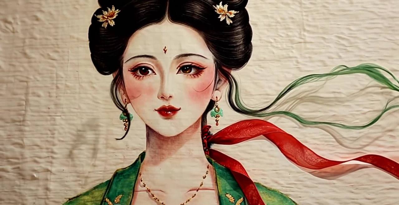 古风仕女图：着绿衣，头饰精美，面带微笑。