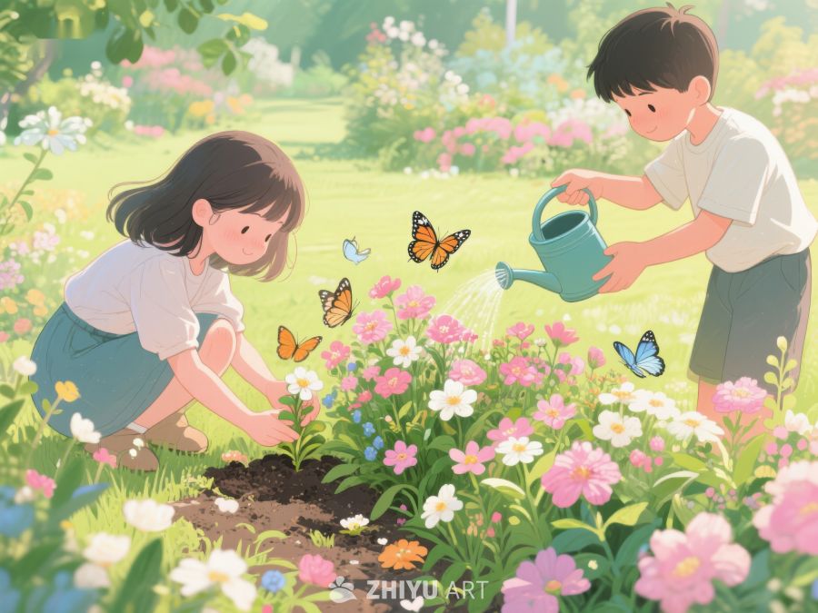 花园里浇水与种花的孩子 334