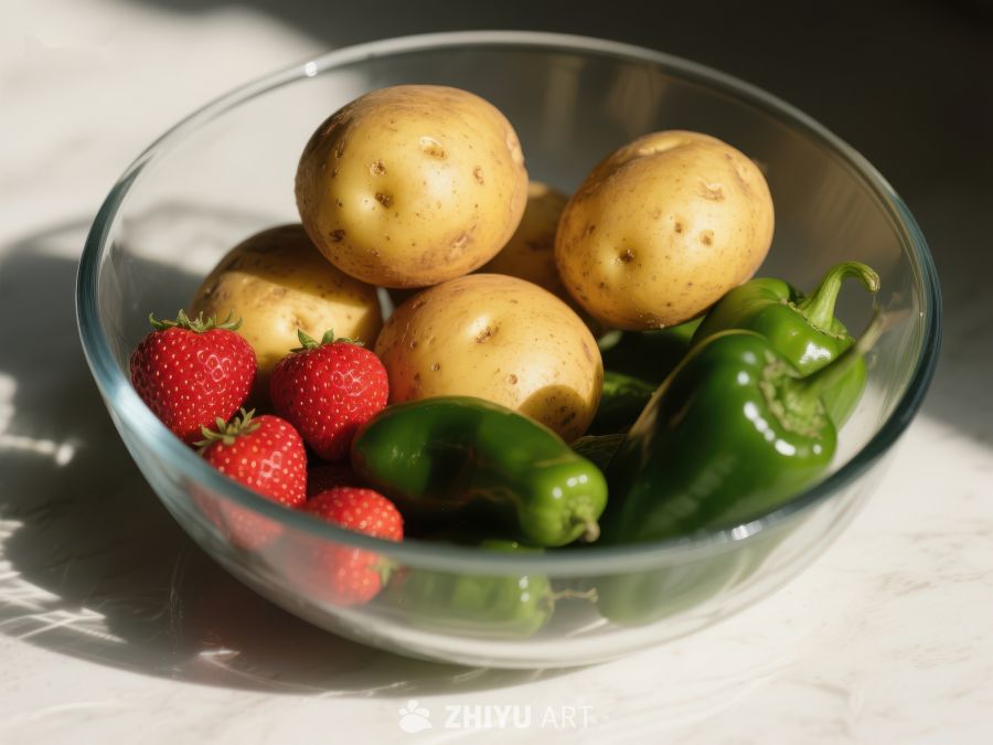 透明碗中的土豆、草莓与青椒 377