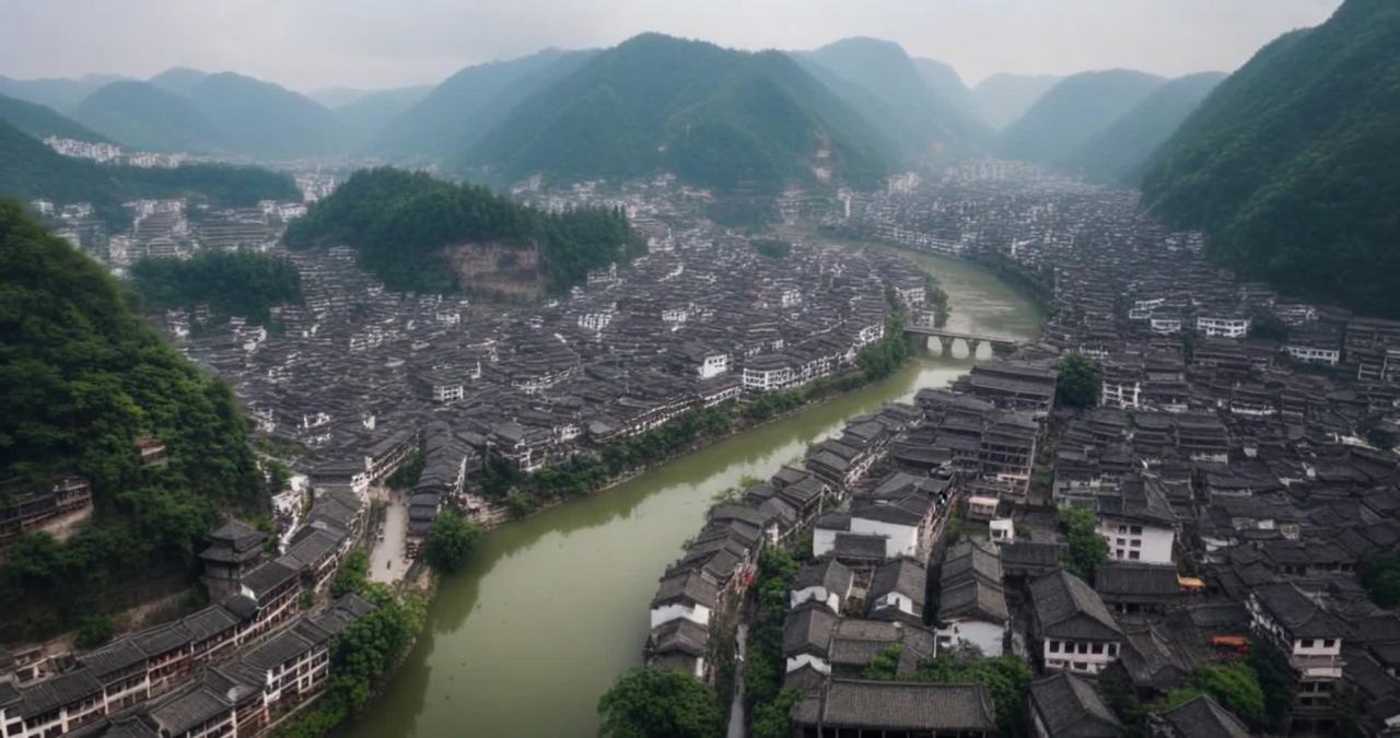 一条河流穿过依山而建的古镇，房屋密集，深色屋顶连绵