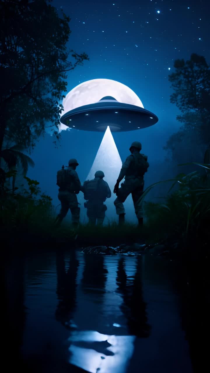 夜晚，在丛林中，三名身穿军装的人员正朝一个巨大的三