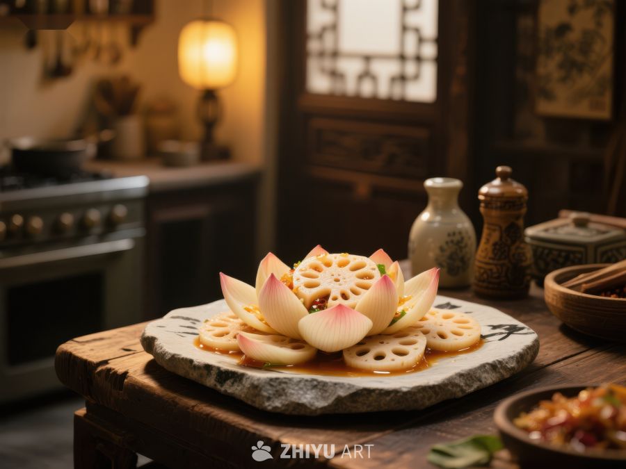 莲藕切片与花瓣摆盘，古风厨房静谧呈现 819