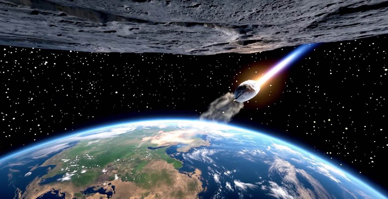 一颗彗星正冲向地球。地球表面呈现出陆地和海洋的景象