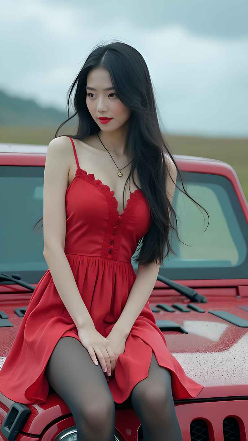 红色美女户外越野车拍照 5