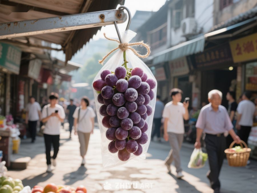 市场街景：葡萄挂售，行人穿梭 491