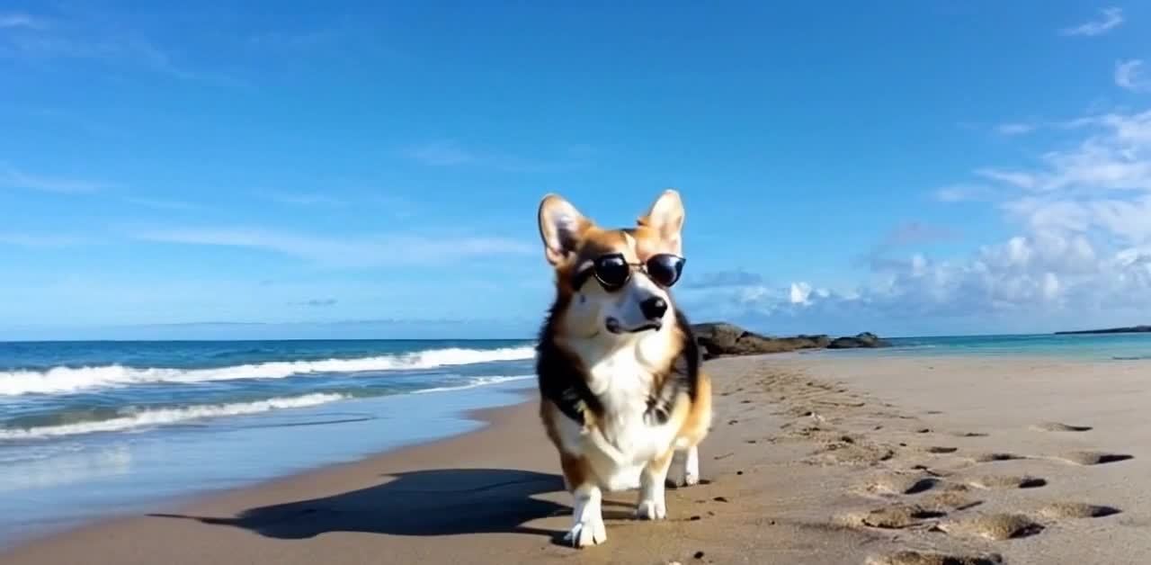 戴墨镜的柯基犬在沙滩上惬意散步，蓝天碧海。