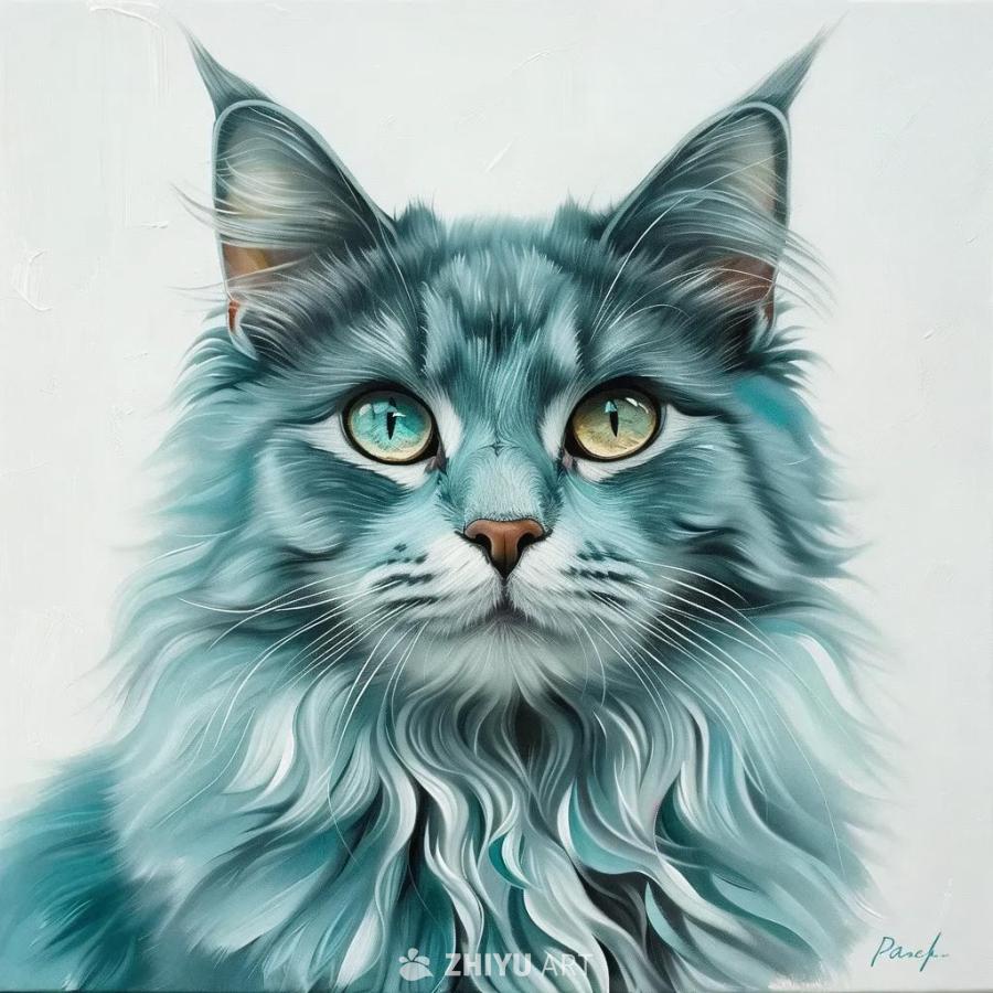 一只长毛猫正对着前方，背景是白色。猫的毛发呈莫兰迪