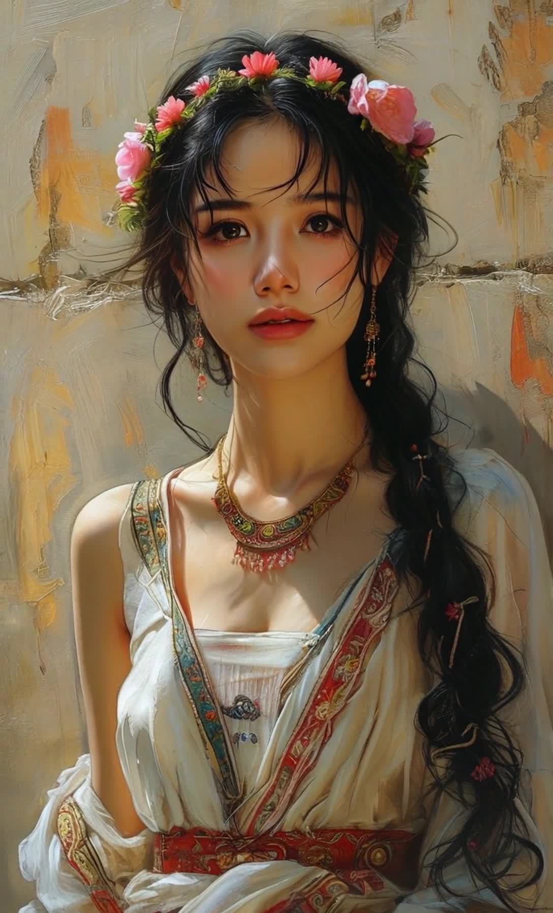 一位年轻女子站在浅色墙壁前。她留着黑色的长发，头发