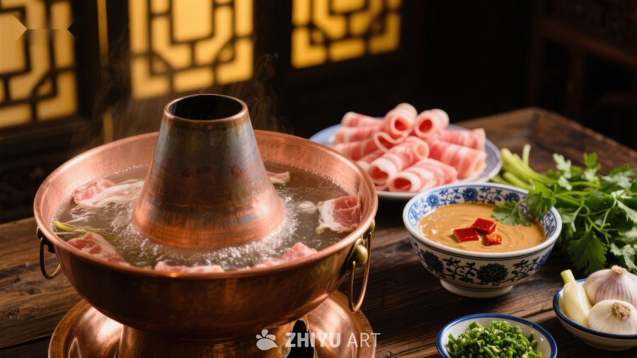 铜锅火锅配涮羊肉与蘸料