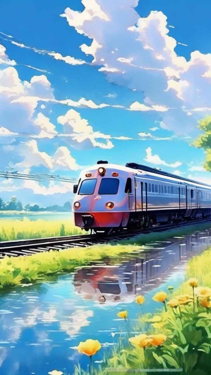 一辆火车在春天里行驶