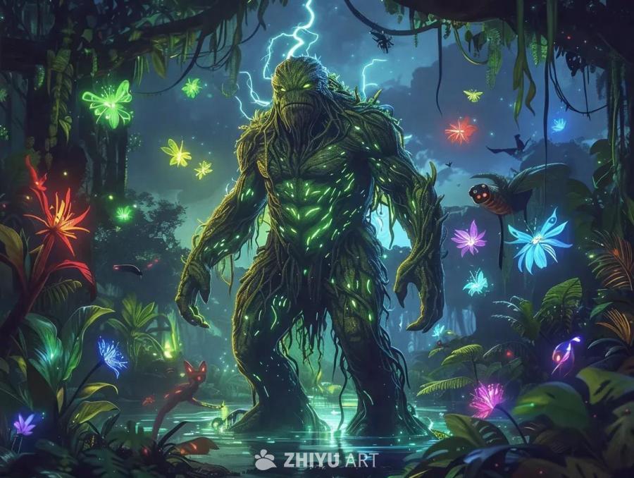 在充满生物发光的热带丛林夜晚，一个由树木和藤蔓组成