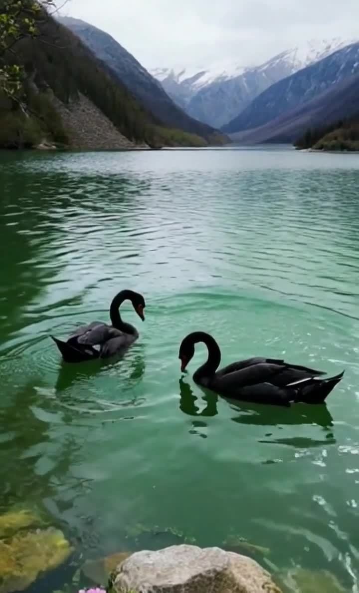 雪山湖泊，两只黑天鹅静谧地游弋于水中。