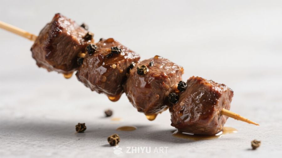 串烧牛肉粒，撒有黑胡椒