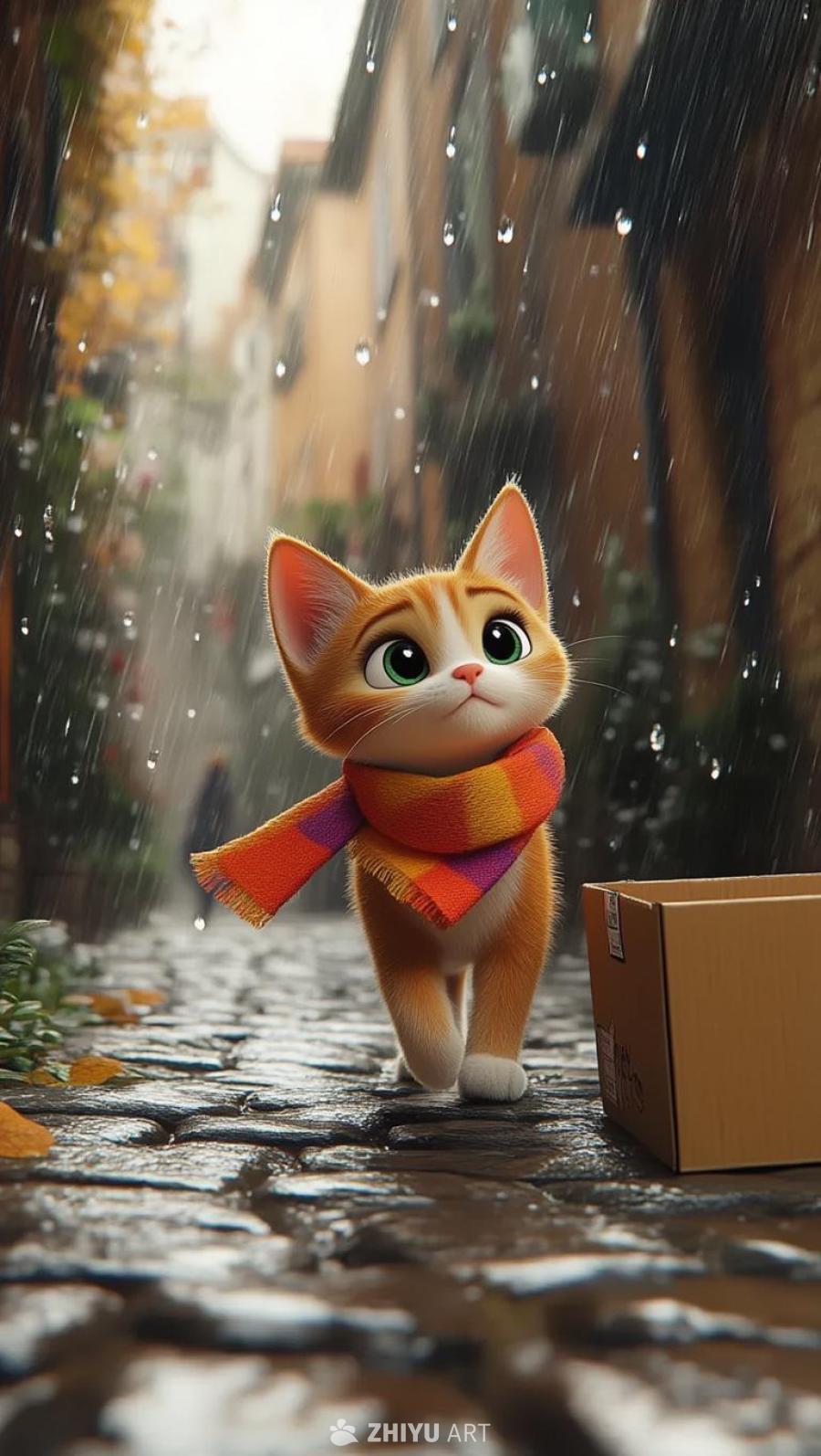 一只系着鲜艳围巾的猫走在下着雨的安静街道上，街道由