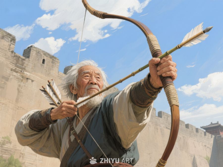 长城前老者拉弓射箭 906