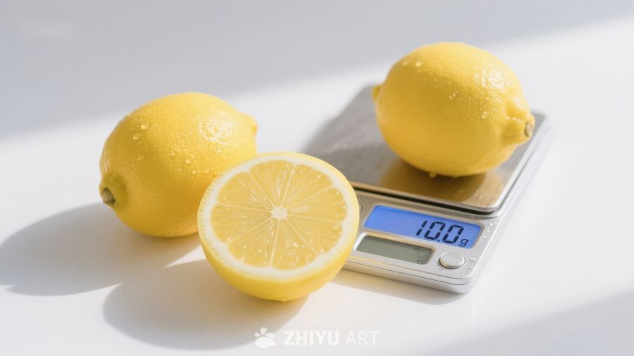 柠檬与电子秤的静物组合