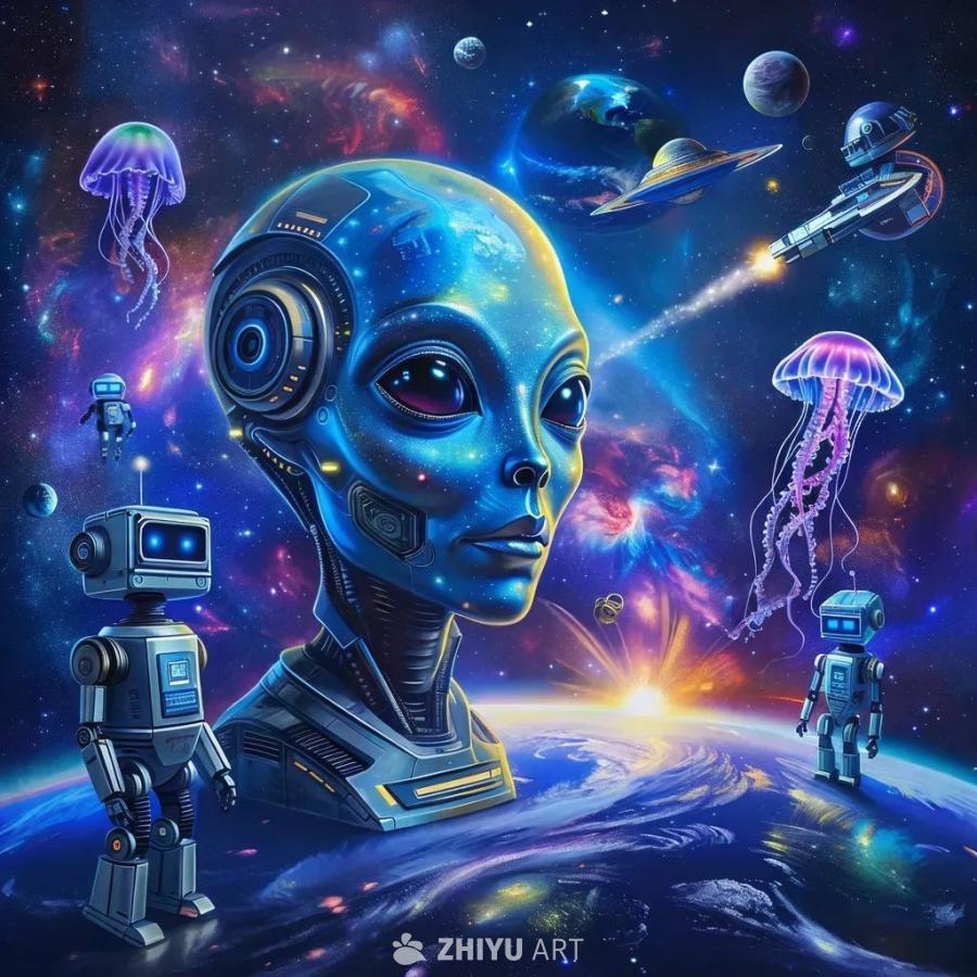一个蓝色的外星人头部特写，周围环绕着星云、地球、其