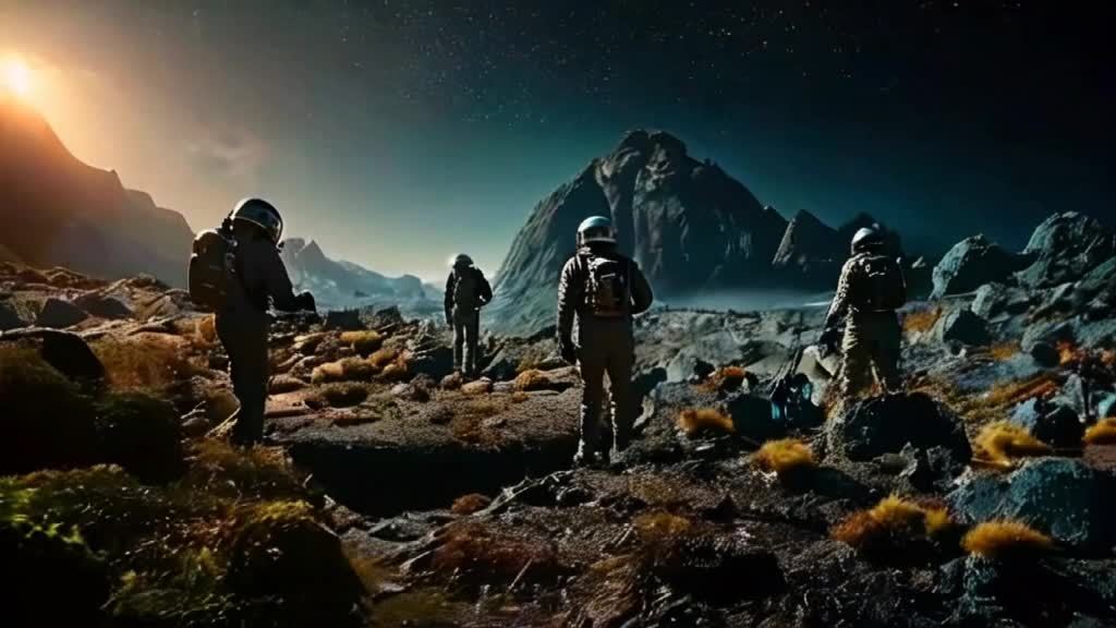 宇航员穿着高科技外骨骼在异星球的地形上穿行，在迷人