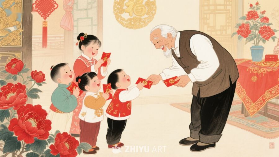 长辈发放红包，孩童欢笑迎新年 1257