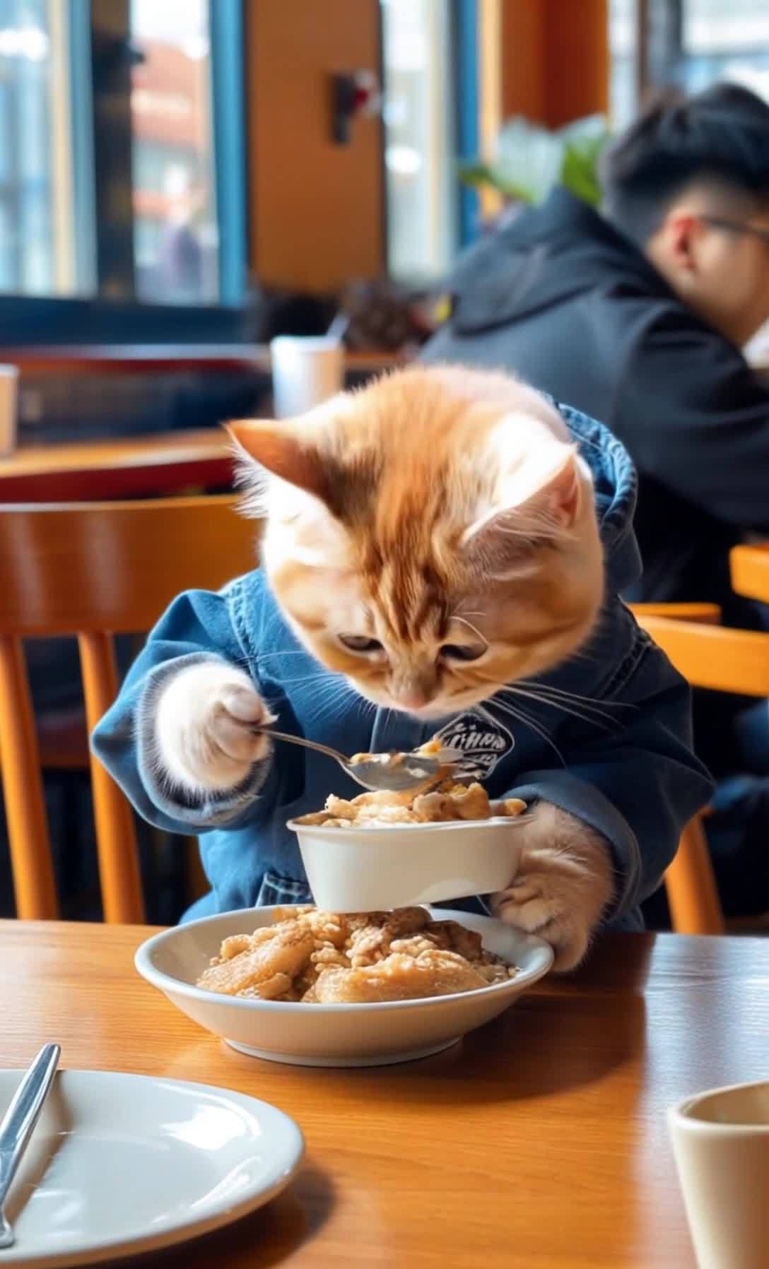 身穿牛仔外套的小猫在餐厅里用餐。