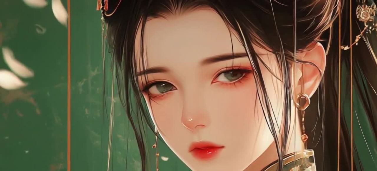 一个女人，五官精致，面部表情特写，背景为绿色。女人