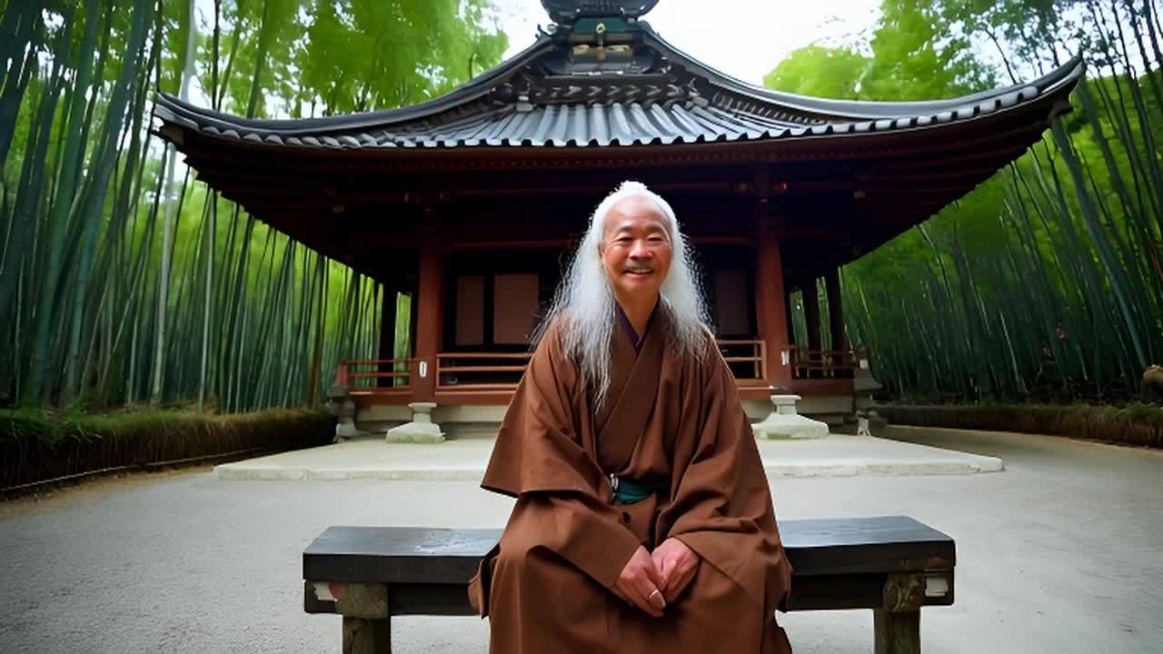 一位禅宗大师坐在传统日式寺庙前的木制长椅上。他身穿
