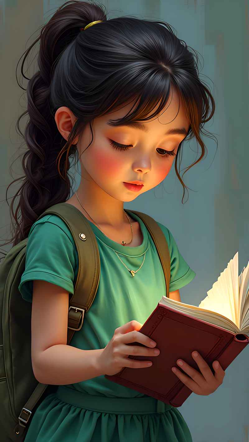 一个女孩正在读书看书卡通女孩 1