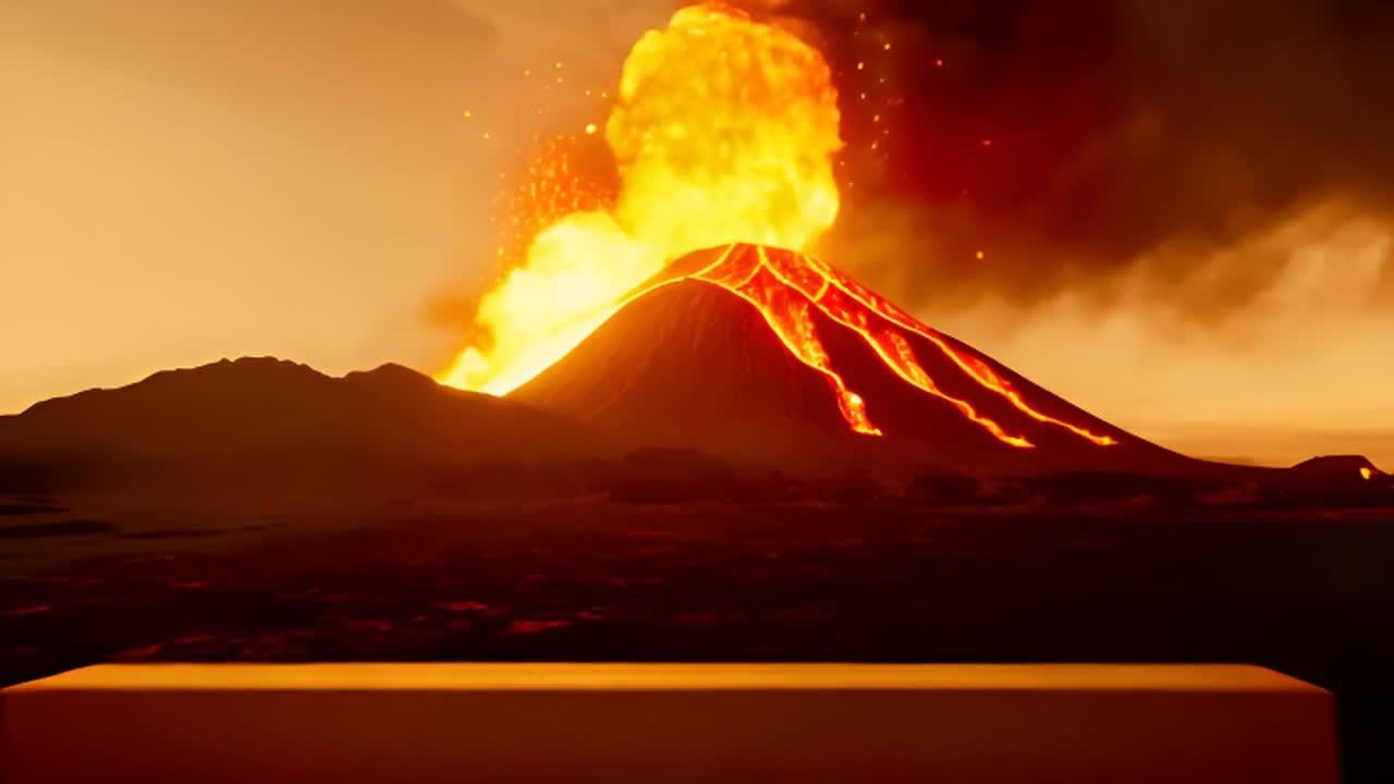 一座火山正在爆发，岩浆从山顶流淌而下，形成壮观的景