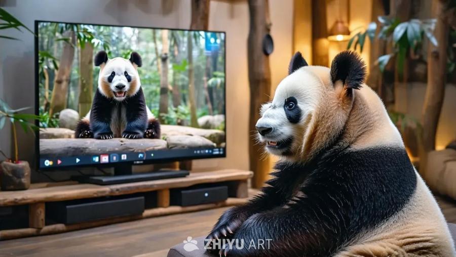 一只熊猫坐在房间里，眼睛盯着一个正在播放视频的屏幕