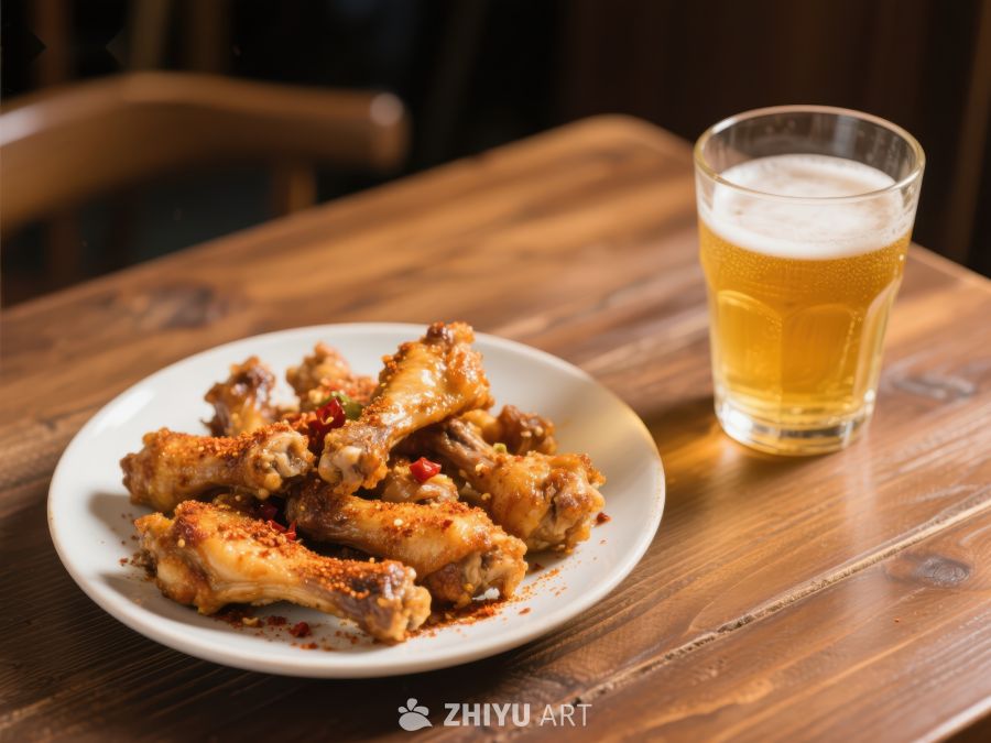 香辣鸡翅配啤酒，美味休闲时光