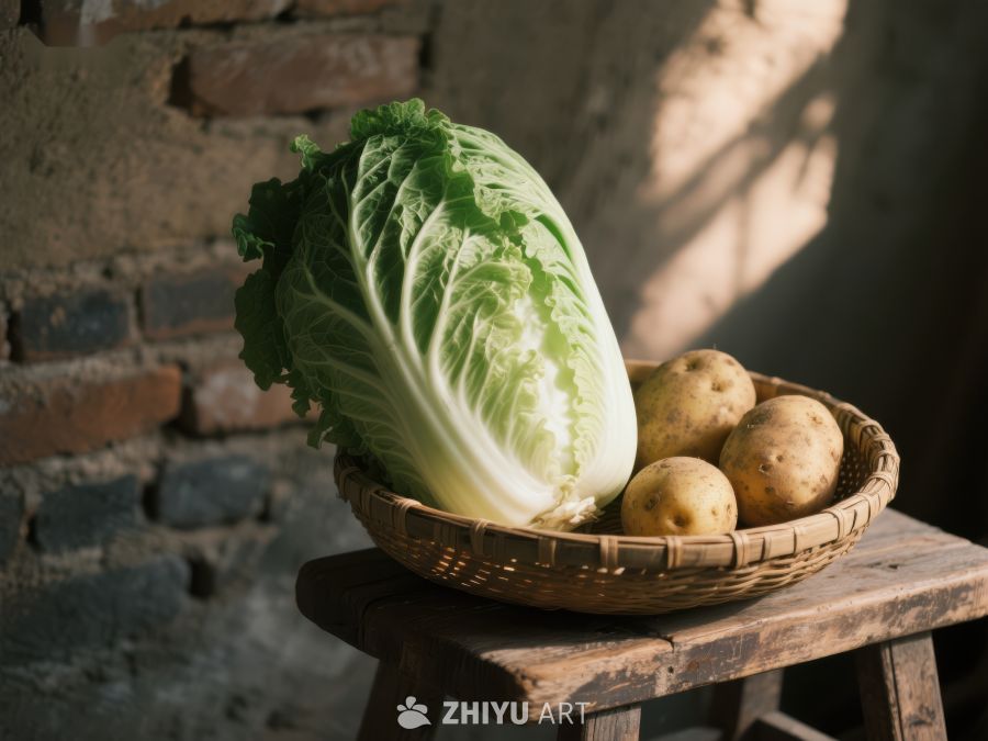 白菜与土豆置于竹篮中 6