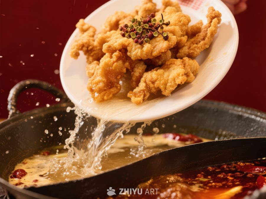炸物倒入火锅，热气腾腾 863