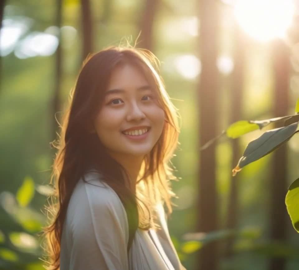 阳光下林中微笑的亚洲女性肖像